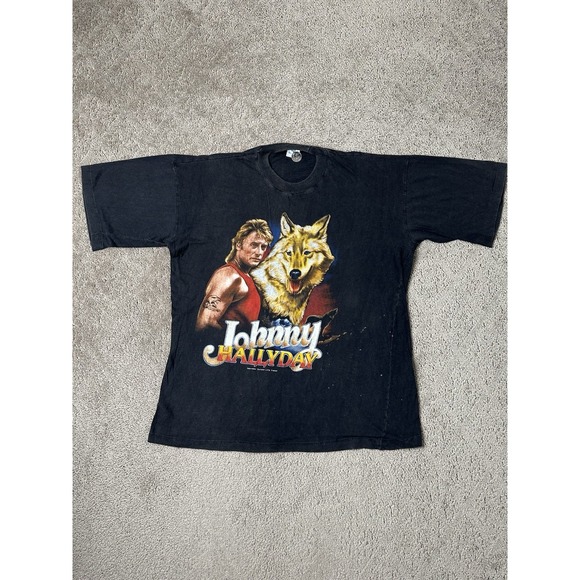 Vintage Mens Tshirt 90s Johnny Hallyday With Wolf art Streetwear Size XL
